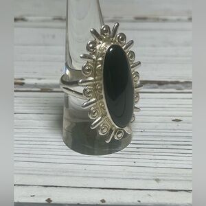 Sterling Silver Black Onyx Oval Sunburst Ring